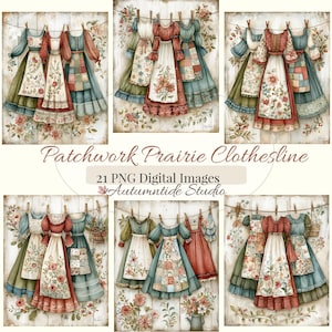 Könnte beinhalten: Eine Sammlung digitaler Bilder mit dem Titel Patchwork Prairie Clothesline von Autumntide Studio, die Illustrationen von Kleidern mit Blumen- und Patchworkmustern zeigt, die an Wäscheleinen vor einem rustikalen Holzhintergrund hängen.