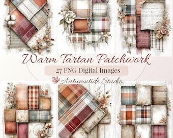 Paleta de patchwork tartán cálido, conjunto de 27 PNG ~ Cuadrados de franela a cuadros color canela y burdeos, collage, papeles para diarios creativos, páginas de scrapbooking, imágenes prediseñadas