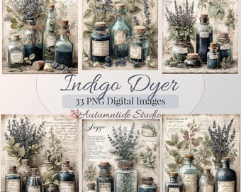 Tintorero de índigo 33 PNG Set ~ Tintura botánica azul natural estilo boticario Imágenes de tinte Fondo Páginas de diario creativo Papeles de scrapbooking