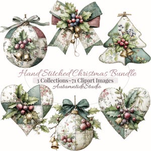 Peut inclure: Une collection numérique de six décorations de Noël cousues main avec des motifs patchwork, des feuilles de houx, des baies rouges et des clochettes dorées. Le texte indique Hand Stitched Christmas Bundle, 3 Collections~71 Clipart Images, AutumntideStudio.