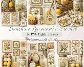 Sunshine Lemonade n Crochet 26 PNG Set ~ Cottage Lemons Grandma Square Summer Background Junk Journaling Pages Scrapbooking Ephemera Papers
