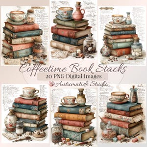 Coffeetime Book Stacks 20 PNG Set ~ Old Books Cup Mug Beans Hand Writing Notes Collage Background Junk Journaling Pages Scrapbooking Clipart