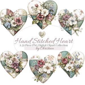 May include: Six heart-shaped digital clip art images with patchwork designs. Each heart is adorned with floral arrangements in pink, white, and blue hues. The text "Hand Stitched Heart" is displayed in a decorative font.