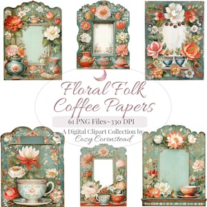 Papeles de diario basura con café floral folclórico ~ Una colección de imágenes prediseñadas con descargas de gráficos digitales mágicos de Cozy Covenstead