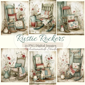 Rustic Rockers 21 PNG Set ~ Comfort Folk Rocking Chair Porch Art Images Junk Journal Scrapbooking Printable Pages