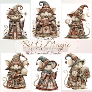 Puede incluir: Seis ilustraciones digitales de ratones blancos vestidos de magos con túnicas estampadas y sombreros puntiagudos, sosteniendo varitas, libros o bolas de cristal. El texto dice Mouse Bit O Magic 23 PNG Digital Images Autumntide Studio en letra cursiva.