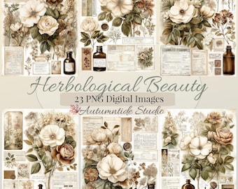 Belleza Herbológica 23 PNG Set ~ Botellas de Herbología Vintage Notas Botánicas Efímera Collage Junk Journaling Páginas Scrapbooking Clipart