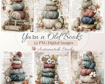 Conjunto de 22 imágenes PNG de Yarn n Old Books ~ Ovillos de lana sobre una pila de libros, páginas de diario de estilo campestre tranquilo y apacible con colores suaves
