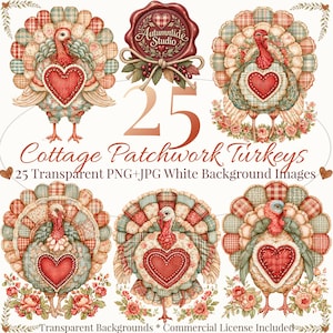 Può includere: Una collezione digitale di 25 tacchini patchwork con motivi a cuore rosso, fantasie a quadri e accenti floreali. Il set include file PNG trasparenti e JPG con sfondo bianco, contrassegnati dal testo Autumntide Studio.