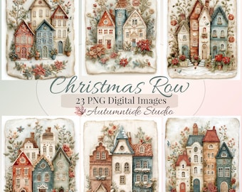 Conjunto PNG de Christmas Row 23 ~ Imágenes de casas de arte popular con flor de Pascua y nieve para álbumes de recortes y páginas imprimibles