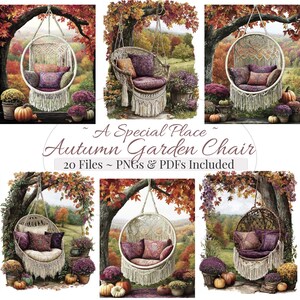 May include: A digital art image featuring several autumn garden chairs. The chairs are adorned with cushions in shades of purple and orange, and are suspended from tree branches. The scene is set in a colorful autumn landscape with pumpkins and flowers.