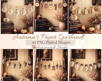 Jesienne girlandy papierowe 20 zestawów PNG ~ Prim Ghost Suszone jabłko Kapelusz czarownicy Mon Cat Cottage Jesienne dekoracje Strony do dziennika śmieci Papiery do scrapbookingu