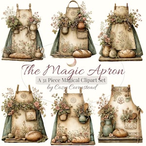 May include: A collection of six aprons with floral and botanical designs, each adorned with flowers, bread, and kitchen tools. The aprons are beige with a blue-green drape and feature the text "The Magic Apron".