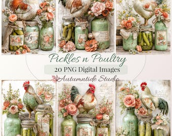 Juego de 20 imágenes PNG de Pickles n Poultry ~ Gallos de estilo campestre francés, tarros de conservas, rosas, fondo, páginas de scrapbooking y álbumes de recortes