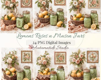 Limones, rosas y tarros Mason (juego de 24 imágenes PNG) ~ Tarro de conservas verde, ramo rosa, colores suaves y campestres, páginas para diario creativo