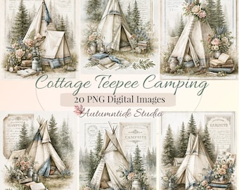 Zestaw 20 PNG z motywem tipi w stylu vintage, kempingowym i kwiatowym, w stylu boho, z motywem obozów namiotowych, grafika 3D, strona do scrapbookingu