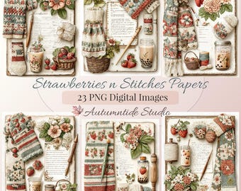 Papeles Strawberries n Stitches, juego de 23 imágenes PNG ~ Fondo de collage de fresas, ganchillo y bebidas frías estilo cabaña para diarios creativos y álbumes de recortes.