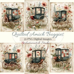 May include: A collection of six digital illustrations featuring dark blue horse-drawn buggies with quilted side panels, surrounded by colorful wildflowers. The text reads Quilted Amich Buggies, 21 PNG Digital Images, and Autumntide Studio.