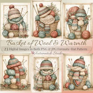 May include: A collection of six digital illustrations featuring woven baskets filled with yarn balls, knitted scarves, and pom-pom hats. The text reads Basket of Wool & Warmth, 23 Digital Images in Both PNG & JPG Formats+Hat Pattern, and Autumntide Studio.