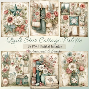 May include: A collection of 39 digital images titled Quilt Star Cottage Palette by Autumntide Studio. The graphics feature vintage-style illustrations of floral bouquets, patchwork quilts, rustic cottages, books, and stars in muted red, green, and blue.