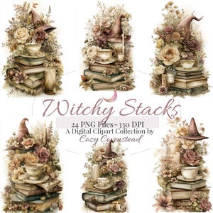 May include: A digital clipart collection showing stacks of books, teacups, candles, and floral arrangements, each topped with a witch's hat. The text "Witchy Stacks" and other details are included. 24 PNG files at 330 DPI.
