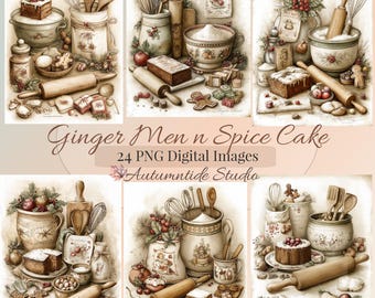 Ginger Men & Spice Cake 24 PNG Set ~ Gingerbread Christmas Yule Holiday Baking Images Junk Journal Scrapbooking Printable Pages