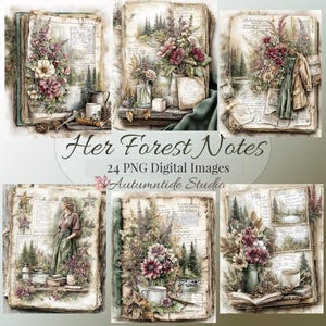 May include: A collection of 24 digital PNG images titled Her Forest Notes by Autumntide Studio. The images feature vintage-style open books with watercolor illustrations of forest landscapes, floral arrangements, pine trees, and handwritten script.