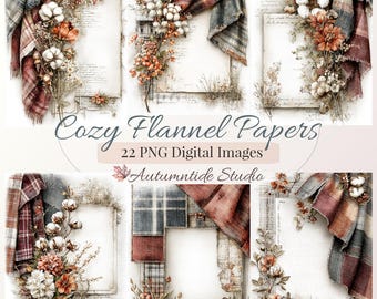 Imágenes PNG de 22 papeles de franela acogedores ~ Cuadros florales, canela, gris, cápsulas de algodón, páginas para diario creativo y scrapbooking