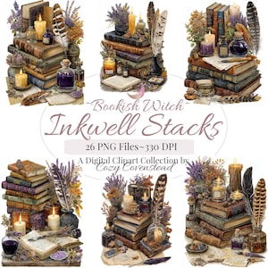 May include: Digital clipart collection showing stacks of old books, candles, inkwells, and feathers. The text "Bookish Witch Inkwell Stacks" is displayed. The collection includes 26 PNG files at 330 DPI, ideal for digital art projects.