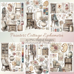 May include: A collection of 20 digital PNG images titled Painters Cottage Ephemera by Autumntide Studio. The set features watercolor-style illustrations of wooden furniture, paint palettes, brushes, floral arrangements, books, and jars.