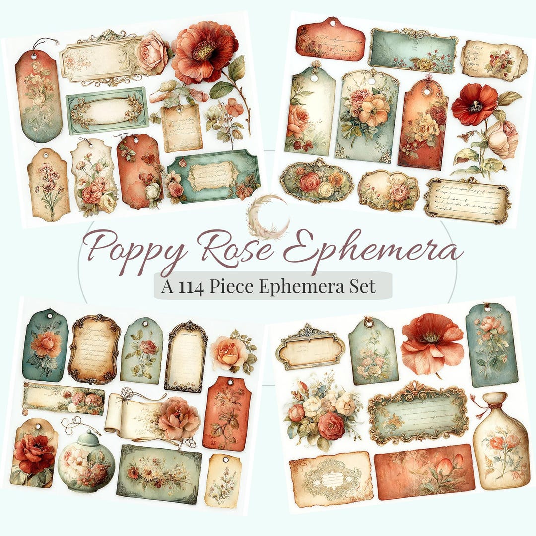 Poppy Rose Ephemera Labels Tags, Printable Junk Journal Kit, Floral ...