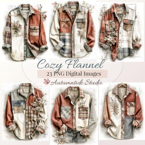 Cozy Flannel 23 PNG Set ~ Cottage Plaid Shirts Cinnamon Gray Patchwork Flannel Clipart Junk Journaling Papers Pages Scrapbooking Images