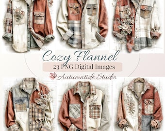 Conjunto de 23 imágenes PNG de franela acogedora ~ Camisas a cuadros estilo cabaña, franela de retazos gris canela, imágenes prediseñadas para diarios creativos, páginas de scrapbooking