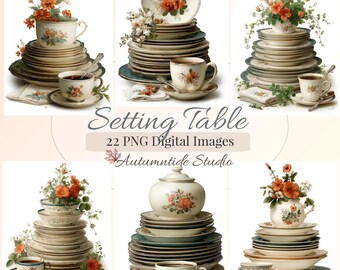 Set de table 22 PNG ~ Vintage Floral China assiettes tasses piles hôtesse de chalet Images Clipart journalisation indésirable Scrapbooking Clipart
