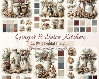 Paleta de cocina Ginger & Spice, conjunto de 24 imágenes PNG ~ Hombre de jengibre, especias, bayas de acebo, efímeros, collage, páginas de diario creativo, imágenes prediseñadas para álbumes de recortes