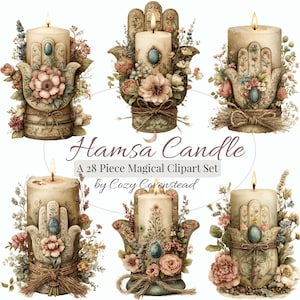 Puede incluir: Seis velas Hamsa de color crema con detalles florales y de joyas. Cada vela tiene una base en forma de mano y una llama encendida. También se ve el texto "Hamsa Candle" y "A 28 Piece Magical Clipart Set by Cozy Corenstead".