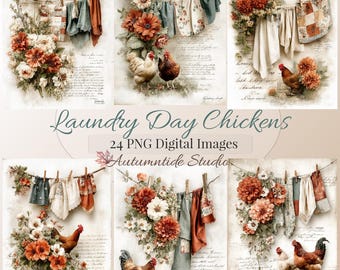 Conjunto de 24 imágenes PNG de gallinas para el día de la colada ~ Colcha de retazos estilo campestre, collage de papel, páginas de diario, scrapbooking e imágenes prediseñadas