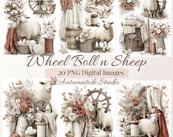 Conjunto de 20 imágenes PNG de Wheel Boll n Sheep ~ Hilo de algodón, huso, collage, imágenes efímeras, fondo, páginas de diario creativo, papeles para scrapbooking
