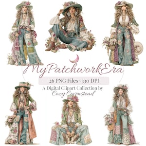 May include: Digital clipart collection titled "My Patchwork Era" featuring six illustrations of women in bohemian-style clothing. The images include hats, patchwork jeans, and floral accents. The collection includes 26 PNG files at 330 DPI, created by Cozy Corenstead.