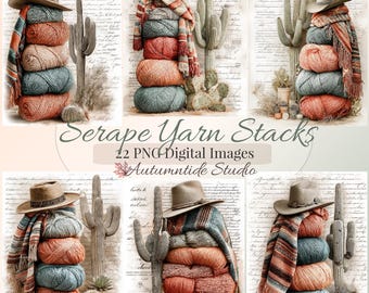 Conjunto de 22 imágenes PNG de pilas de hilo Serape ~ Pila de hilo, gorro occidental, tejido, ganchillo, imágenes de cactus saguaro, fondo, páginas de diario creativo, papeles