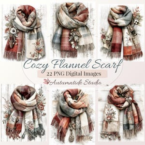 May include: A collection of six flannel scarves featuring plaid patterns in shades of red, orange, beige, and grey. Each scarf is decorated with floral illustrations, pinecones, or berries, and includes fringed edges on the ends of the fabric.