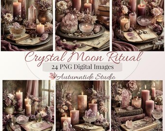 Conjunto de 24 imágenes PNG del Ritual de la Luna de Cristal ~ Velas Mágicas Rosas Cristales de Cuarzo Rosa Imágenes Lunares Fondo Páginas de Diario Creativo Papeles para Scrapbooking