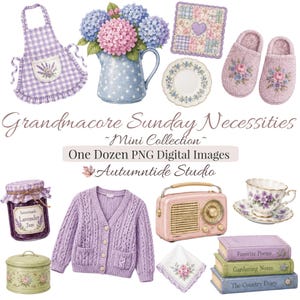 Grandmacore Sunday Necessities 12 PNG Mini Collection ~ Apron Tea Sweater Radio Hanky Bouquet Quilt Slippers Jam Books Printable Clipart