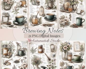 Collages de notas de preparación de té, 21 imágenes PNG ~ Bolsitas de té con miel y flores, efímeras, papeles de fondo, páginas para diarios creativos, imágenes prediseñadas para álbumes de recortes