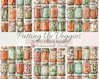 Set de 21 imágenes PNG para guardar verduras ~ Bonitos tarros de conserva estilo campestre, efímeros, pegatinas de colores suaves, páginas de diario creativo