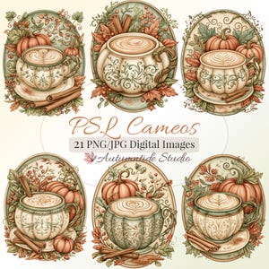 PSL Cameos 21 PNG JPG Images ~ Pumpkin Spice Café Latte Art Fall Coffee Oval Frame Clipart Graphics Page Junk Journal Card Scrapbooking