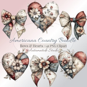 May include: A digital clipart collection titled Americana Country Bundle Bows & Hearts ~41 PNG Clipart by Autumntide Studio, featuring various heart and bow illustrations decorated with floral patterns in muted red, blue, and cream tones.