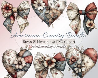 Zestaw Americana Country ~ 2 kolekcje clipartów Serca z kokardkami ~ 41 szt. Rustykalny, ręcznie szyty patchwork do dziennika szycia i albumu ze zdjęciami
