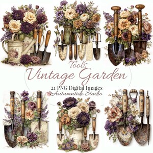 Peut inclure: Plusieurs outils de jardin vintage, dont des pelles et des truelles, sont présentés avec des bouquets de fleurs violettes, crème et pêche. Les mots "Tools" et "Vintage Garden" sont affichés. L'image est étiquetée "21 PNG Digital Images AutumnTide Studio."
