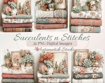 Suculentas y puntadas, conjunto de 21 imágenes PNG ~ Cactus, cactus, tejido, pila, colores suaves del suroeste, páginas de diario creativo